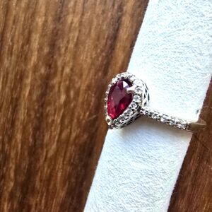 Ruby Halo Ring In White Gold And Diamond Setting, Size 6 3/4